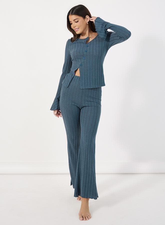 Asymmetric Neck Rib Slit Top & Flared Pyjama Set - Image 1