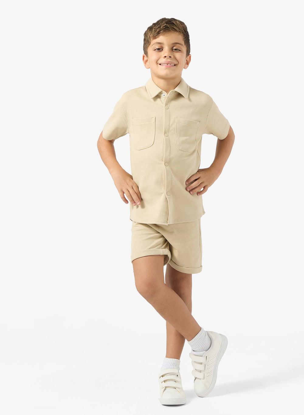 Boys Ecru & Beige Printed Shirt Shorts Set - Image 1