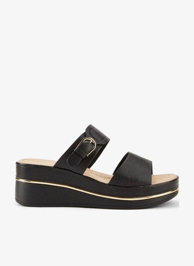 Black Wedge Slip-On Sandals with Gold Buckle Accent - Image 1