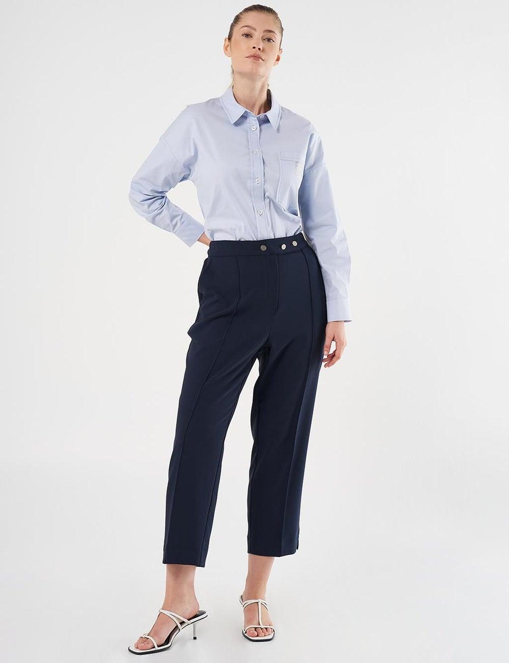 Dark Navy Front Button High-Waist Trousers - Image 1