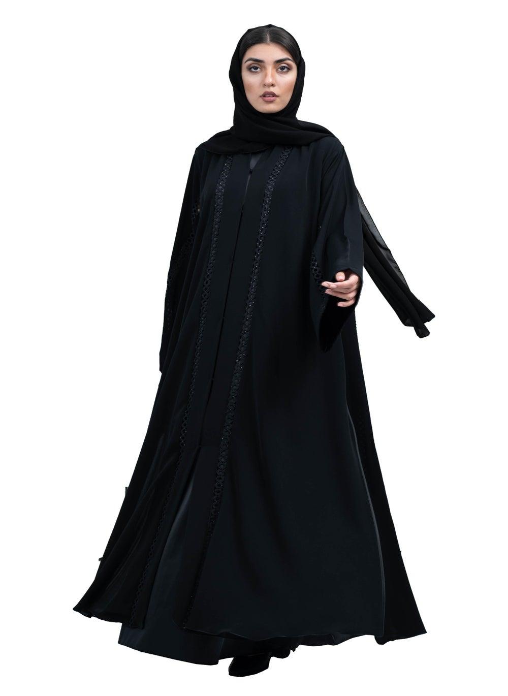 Black Nida Abaya with Cutwork Lace & Hijab-639 - Image 1