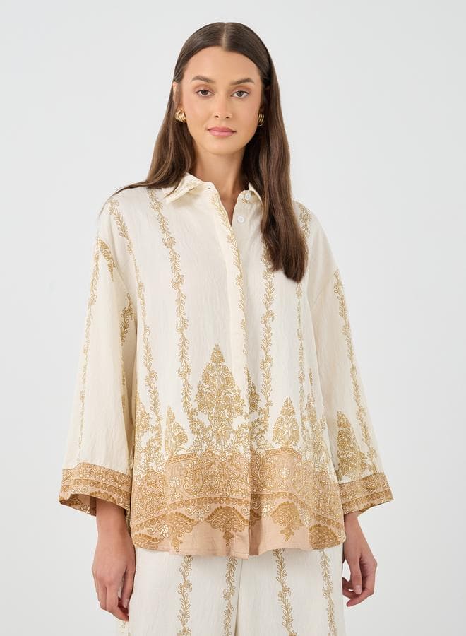 Styli Printed Oversized Spread Collar Shirt in White - Image 1