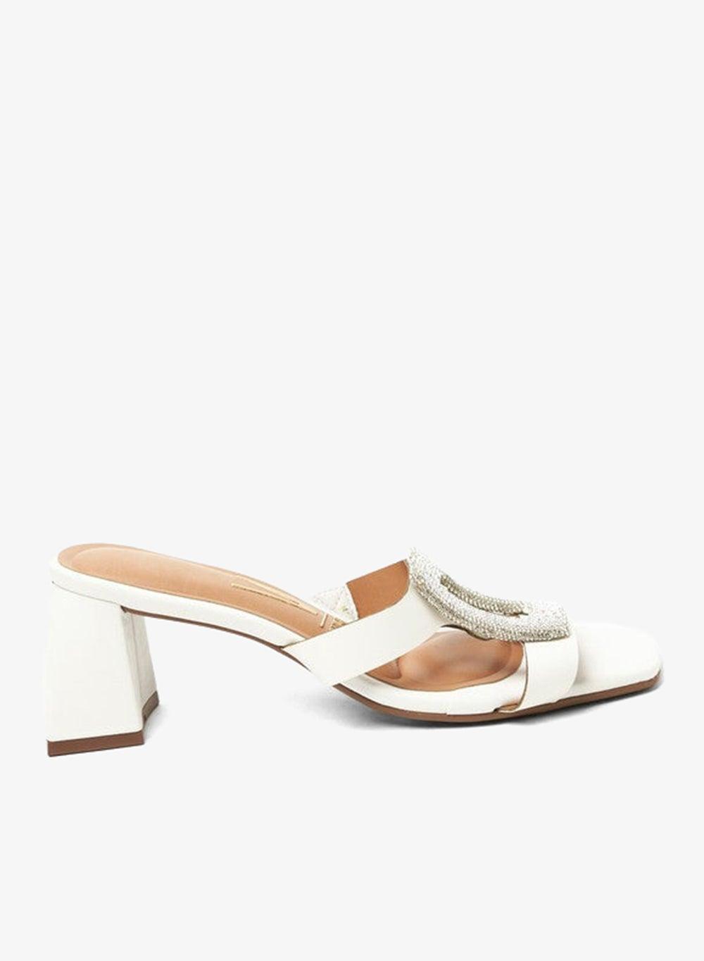 White Mid Heel Slingback Sandals with Ankle Strap - Image 1