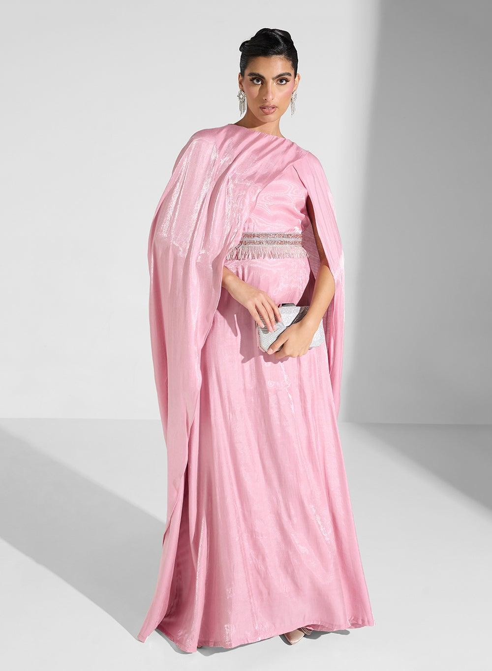 Light Pink Draped Shoulder Maxi Dress with Beaded Belt - Image 1