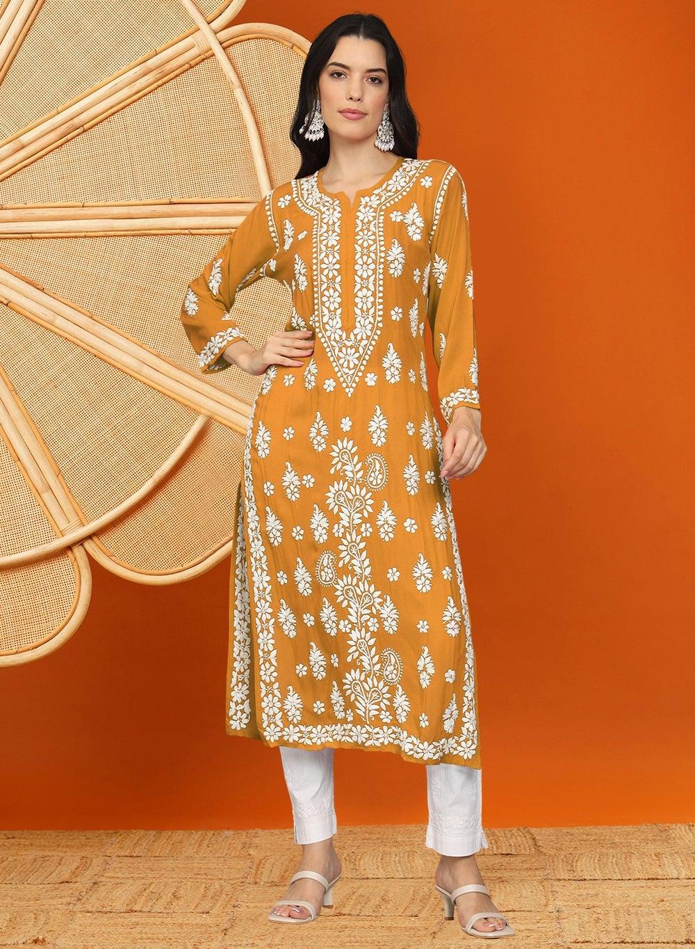 Mustard Chikankari Modal Kurta AL4042 - Image 1