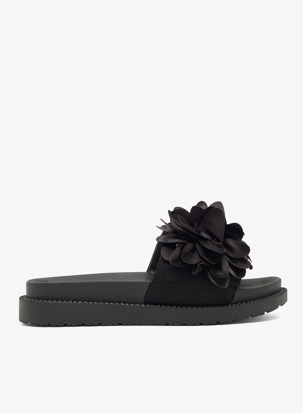Black Floral Detail Slide Sandals F10899Am1 - Image 1