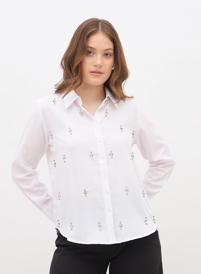 White Embellished Long Sleeve Regular Fit Shirt - Image 1