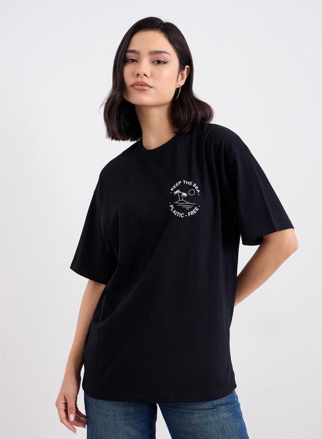 Styli Oversized Slogan Print Cotton T-Shirt Black - Image 1