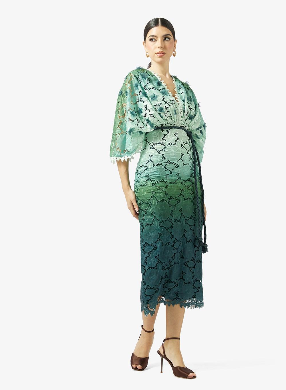Ombre Green Floral Lace Midi Dress 25143 G - Image 1