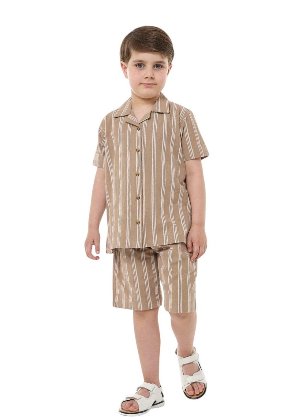 Victor & Jane Boys Cotton Shirt & Shorts Set Beige - Image 1