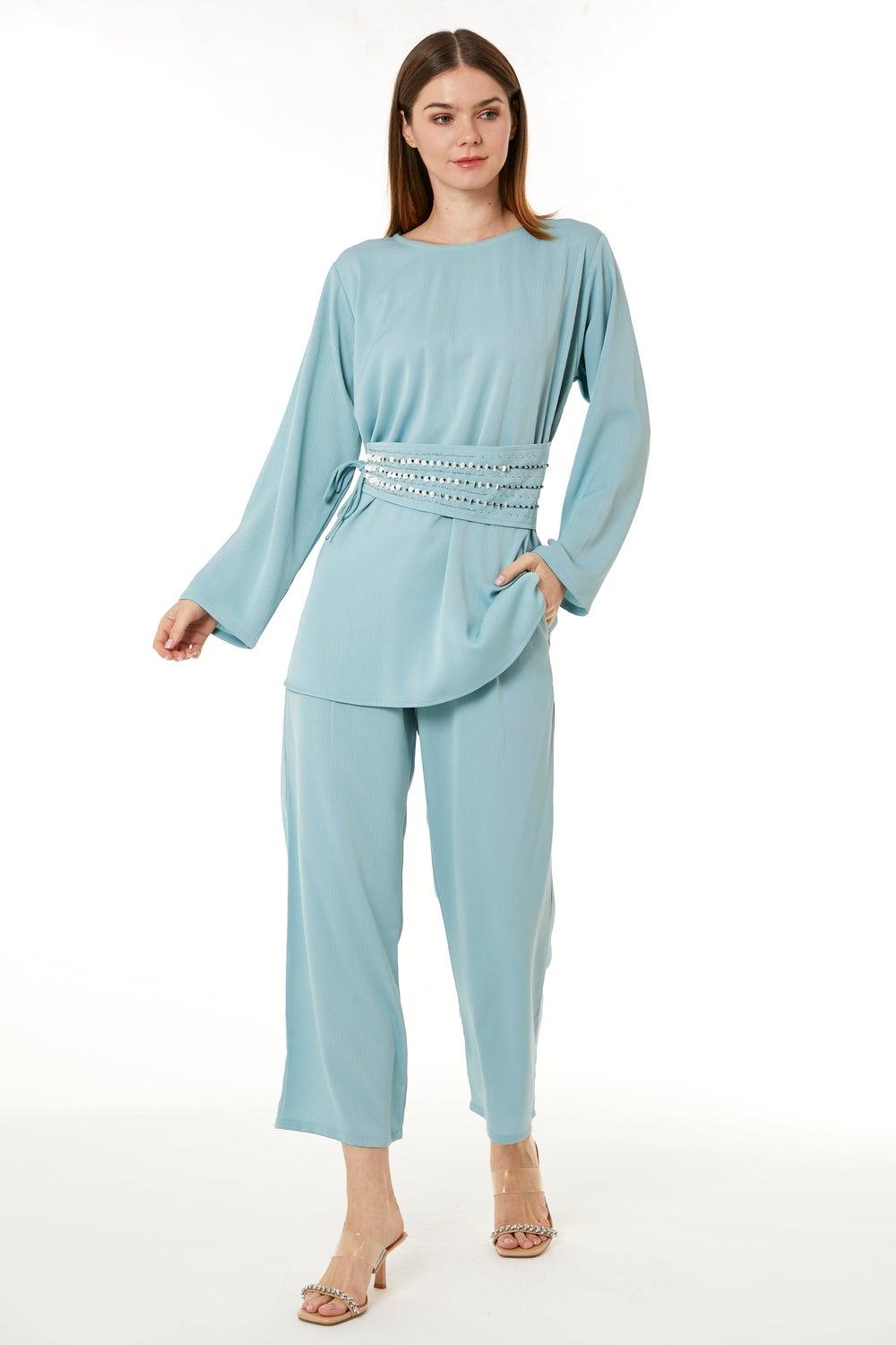 Blue Belted Top & Pant Set – Effortless Elegance - Image 1