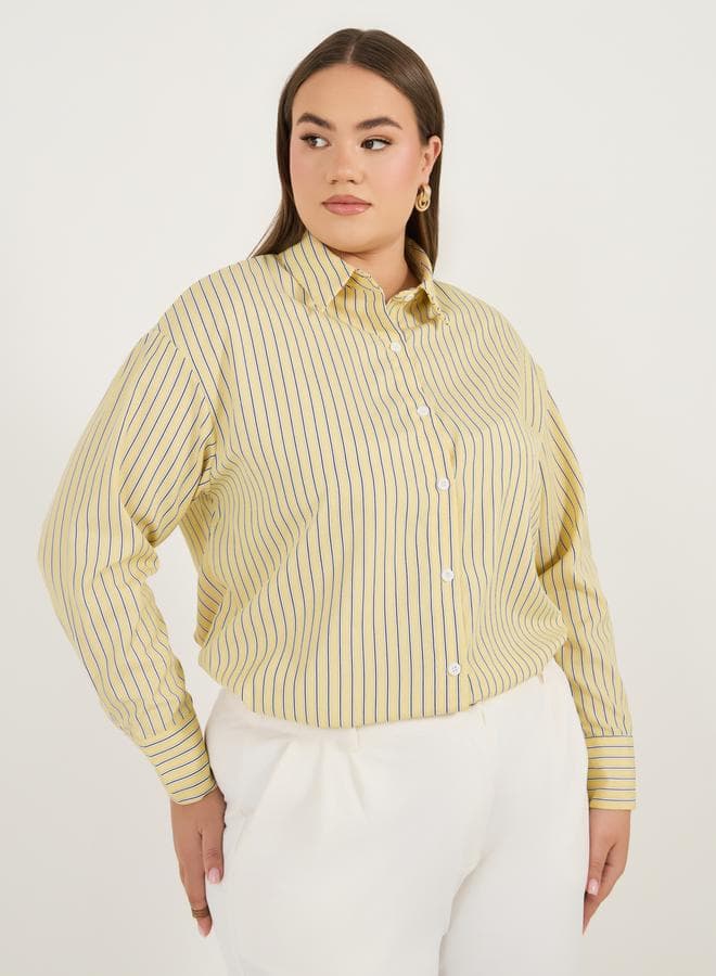 Plus Size Oversized Striped Long Sleeve Collared Shirt 7010554801 - Image 1
