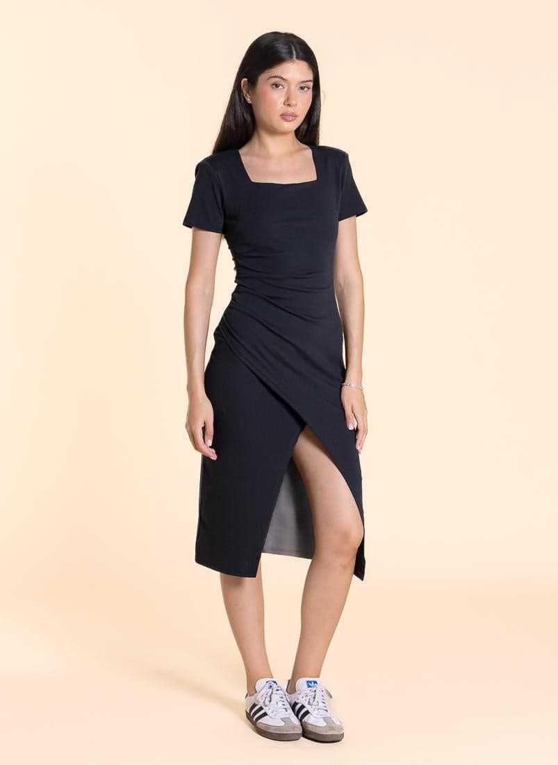 Black Square Neck Wrap Midi Dress with Slit - Image 1