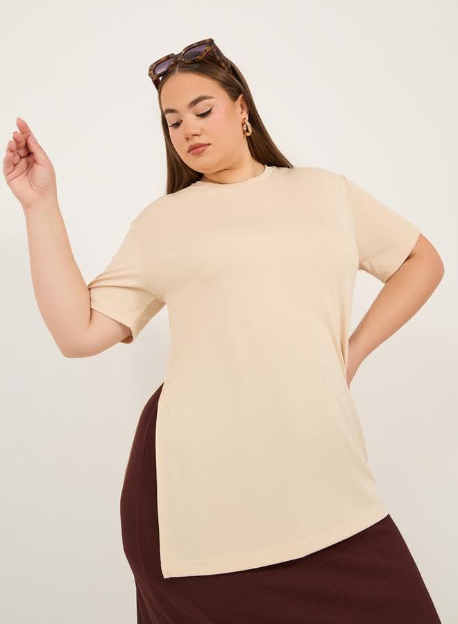 Plus Size Ribbed Knit Cream Oversized T-Shirt 7011833305 - Image 1