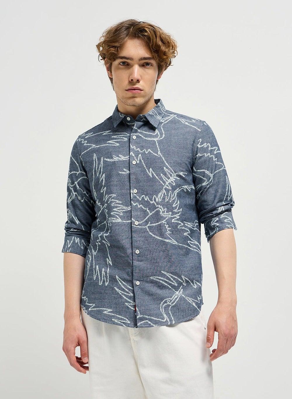 Men’s Blue Cotton Shirt Slim Fit Long Sleeve Graphic - Image 1