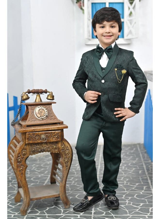 Boys Dark Green Jacquard 5-Piece Wedding Suit Set - Image 1