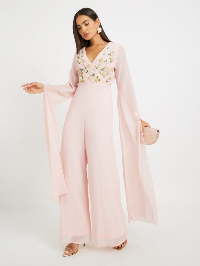 Pink Embroidered Cape Sleeve Wide Leg Jumpsuit - Image 1