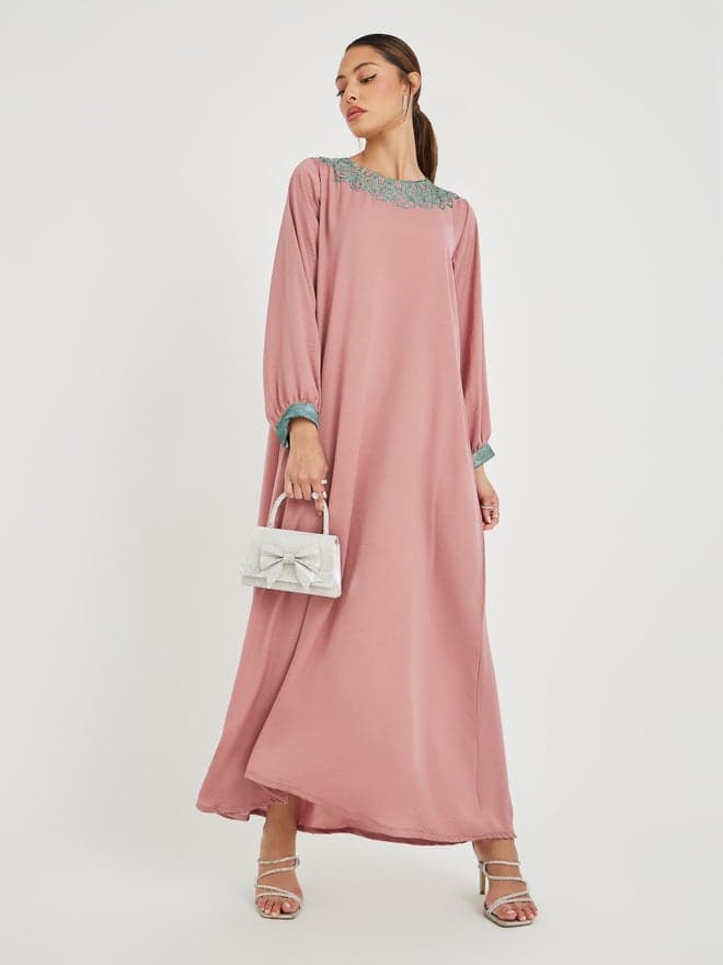 Patchwork Cuffed Sleeve Pink Jalabiya Dress - Image 1
