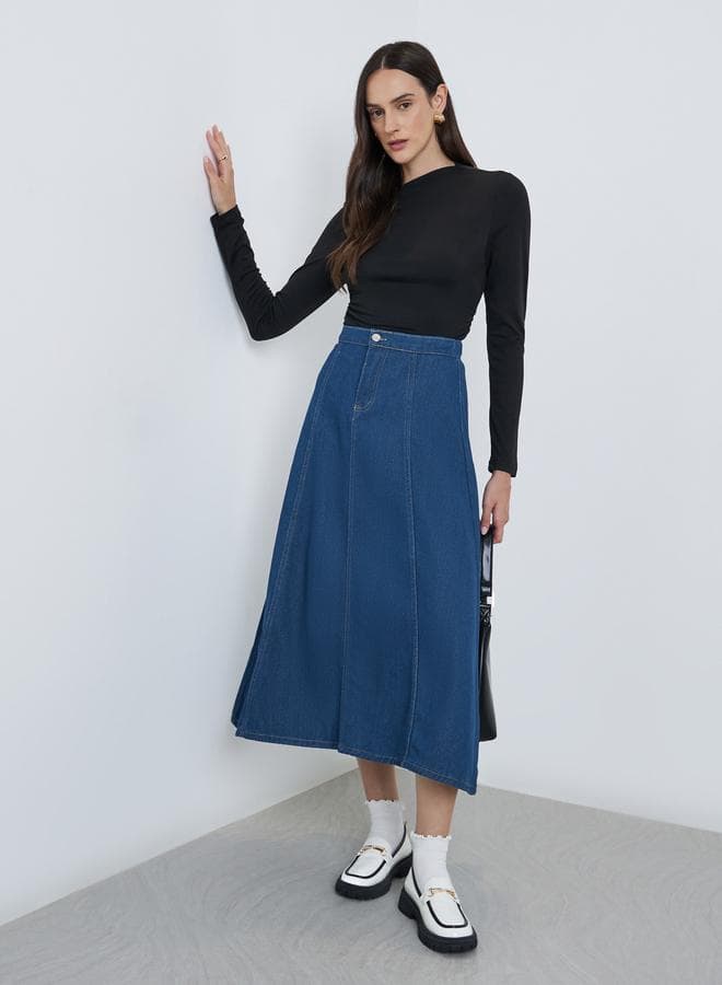 Styli Dark Blue A-Line Midi Denim Skirt - Image 1