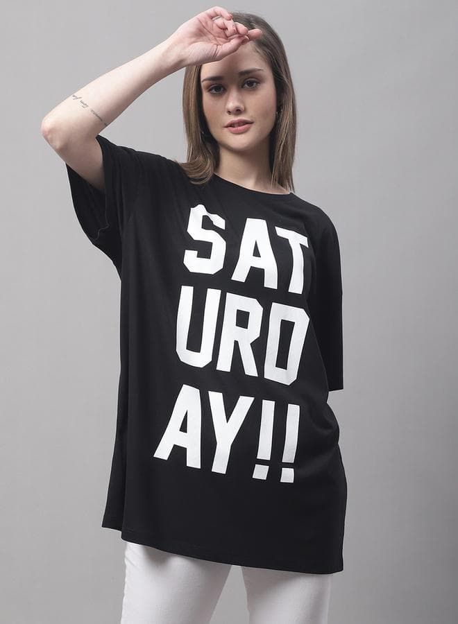 Black Oversized Slogan Print Cotton Crew T-Shirt - Image 1