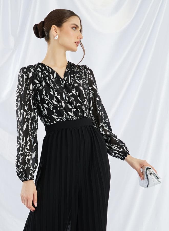Black Floral Pleated Wide Leg Evening Jumpsuit - Image 1