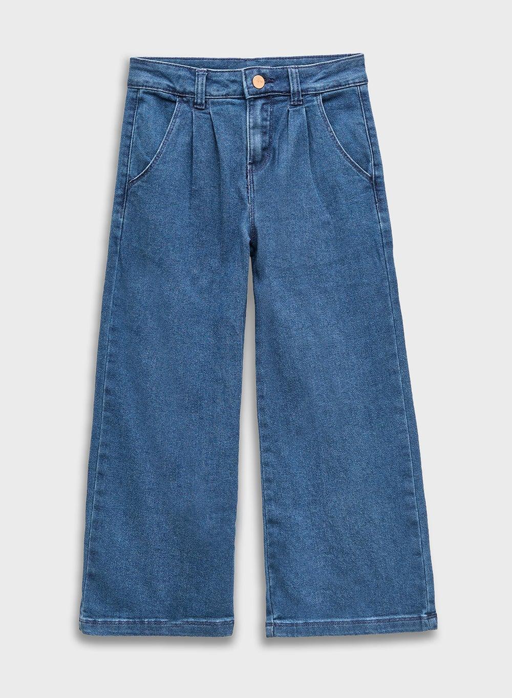 Girls Denim Blue Wide-Leg Pants with Adjustable Waist - Image 1