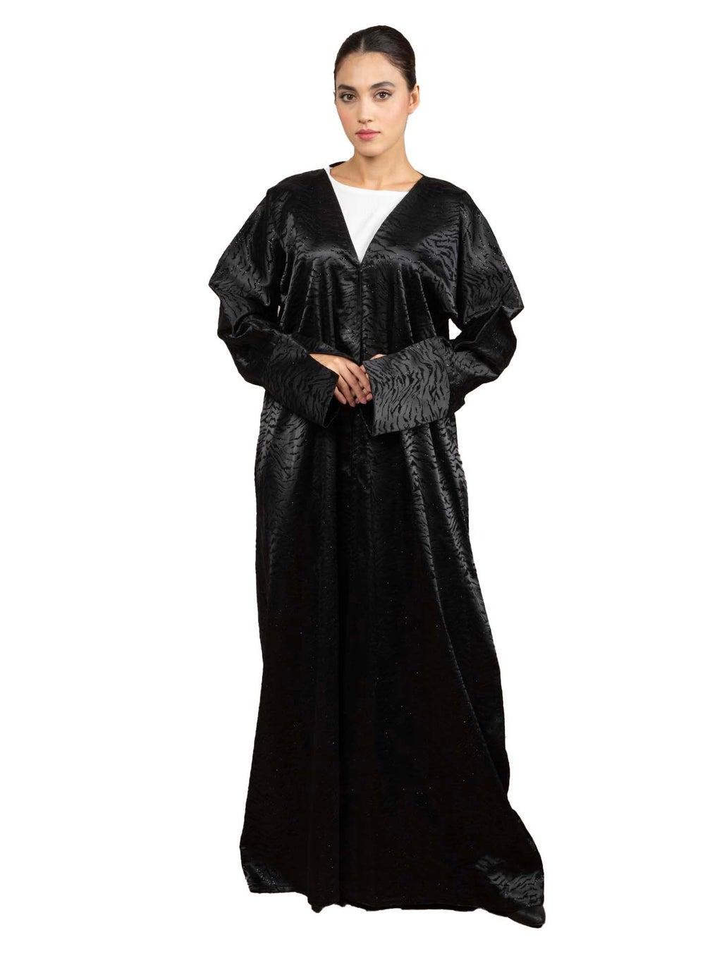 Black Jacquard Front Open Abaya – V Neck Elegance - Image 1
