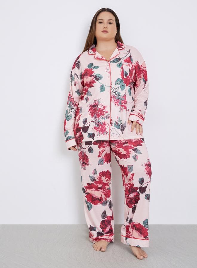 Styli Plus Size Floral Print Pyjama Set Pink - Image 1