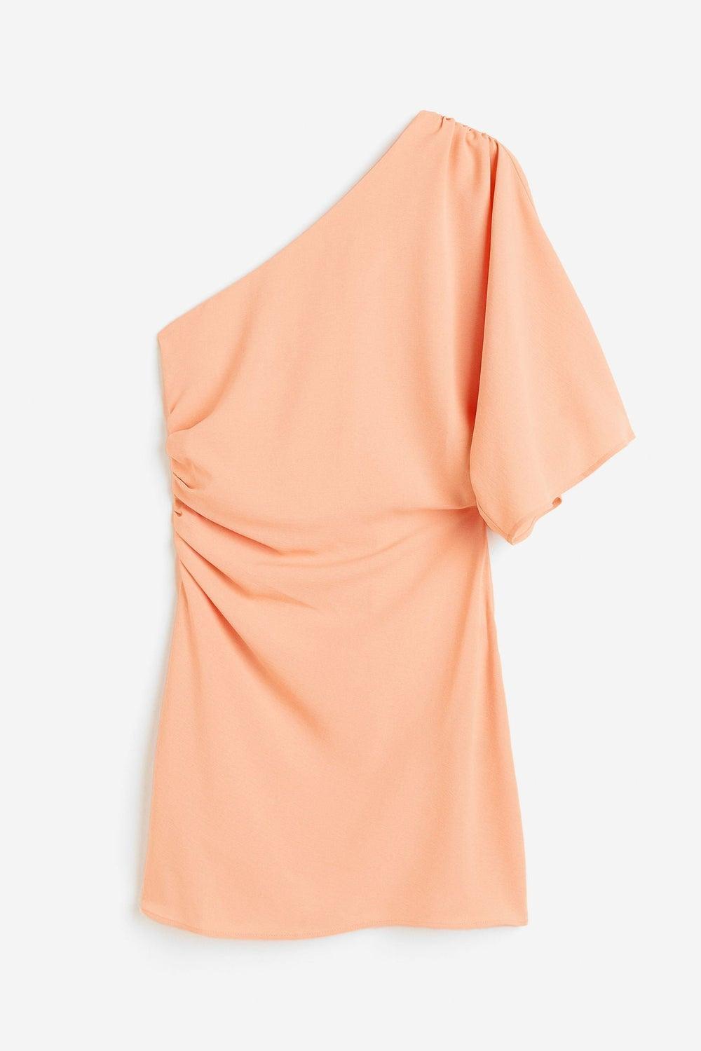 Peach One-Shoulder Mini Dress with Draped Waist - Image 1