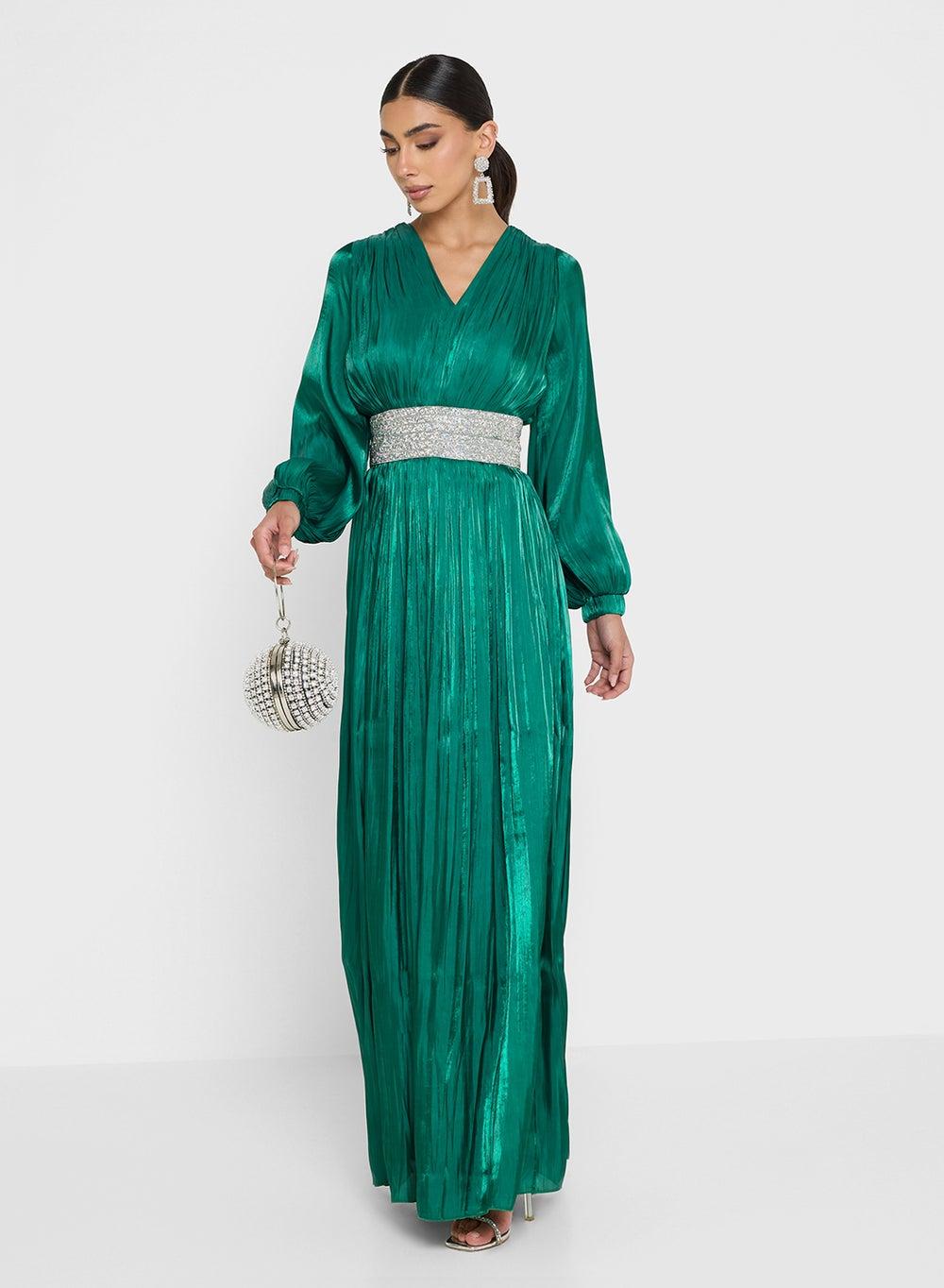 Green Embellished Belt Dress – Elegant UAE Design - Image 1