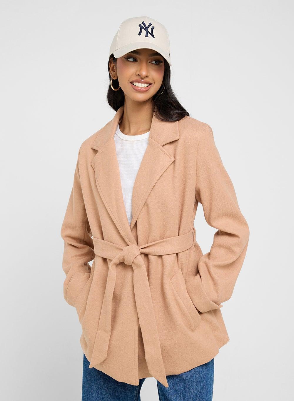Belted Lapel Collar Beige Coat 33107481 - Image 1