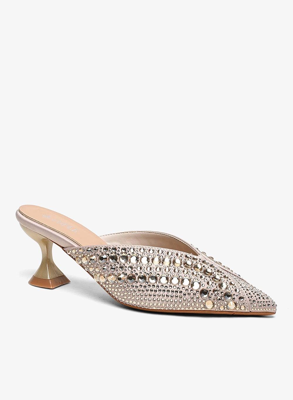 Light Gold Crystal Mule Heel with Sculpted Flare - Image 1
