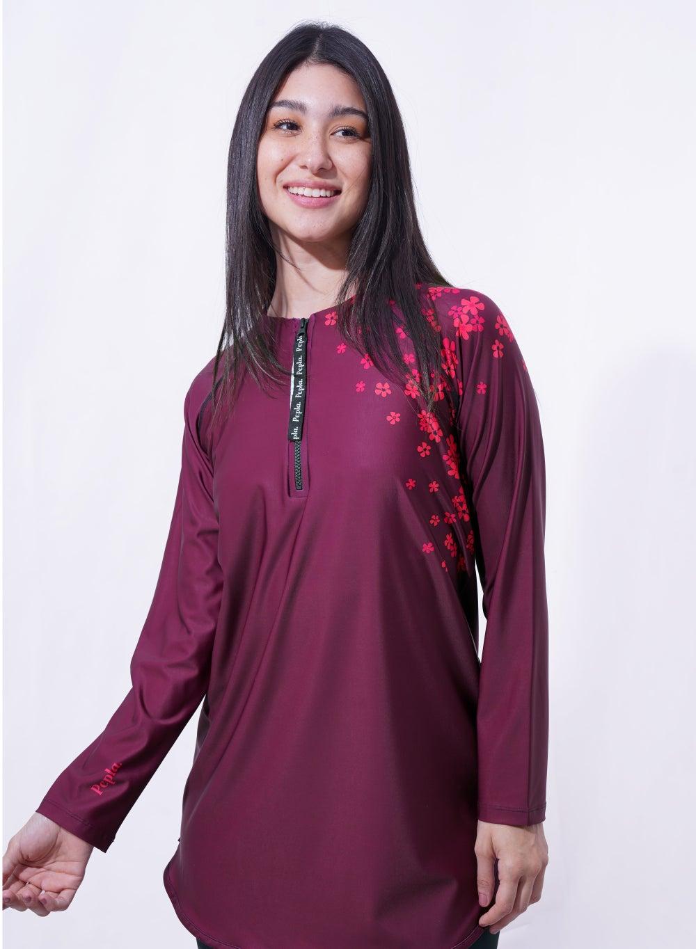 Burgundy Long Sleeve Rashguard Swim Top - Image 1