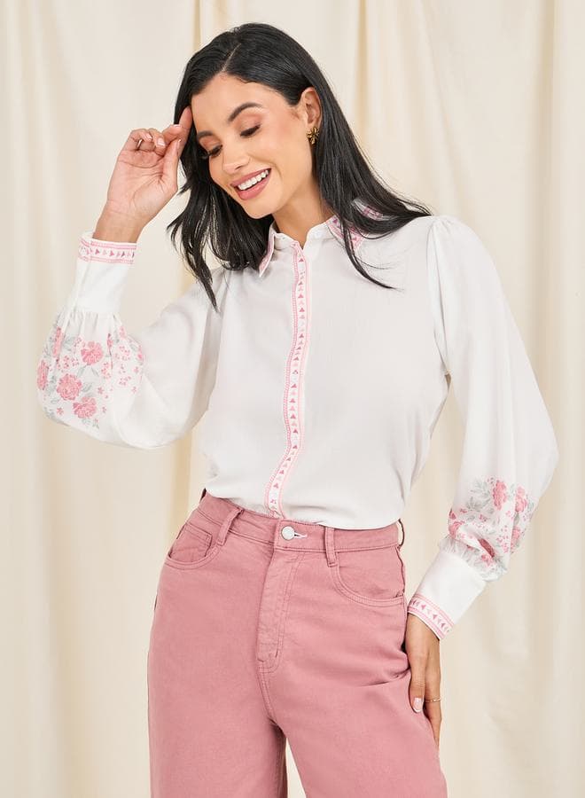 Off White Floral Relax Fit Collared Shirt 7007547624 - Image 1