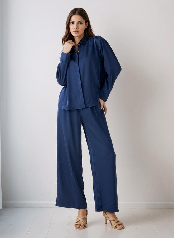 Blue Shirt & Wide Leg Pants Coord Set - Image 1