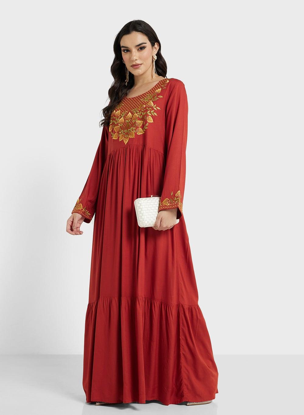 Rust Embroidered Viscose Jalabiya VK1790 - Image 1