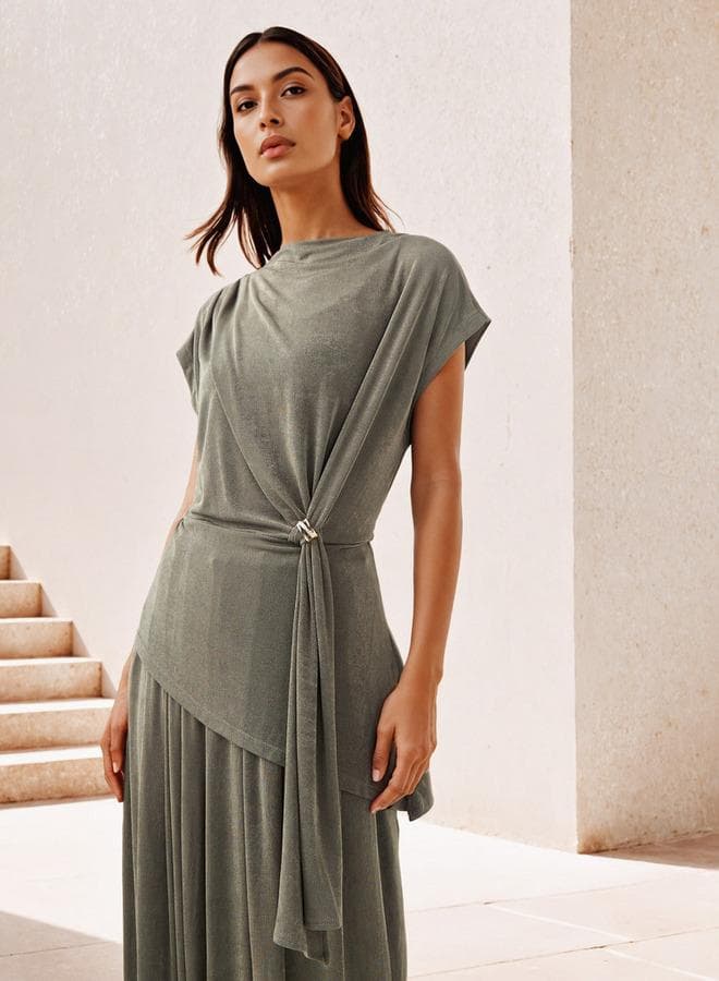 Green Draped Clasp Accent Top in Premium Polyester - Image 1