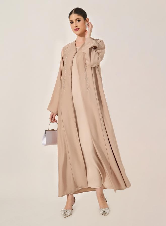Beige Embellished A-Line Open Abaya 7011791113 - Image 1