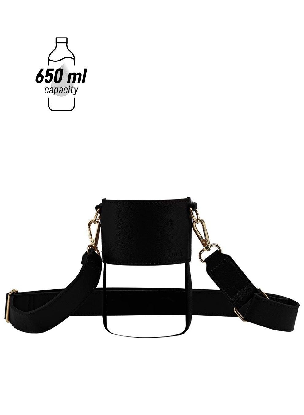 Black Vegan Leather Bottle Strap Gold Detail 650ml - Image 1