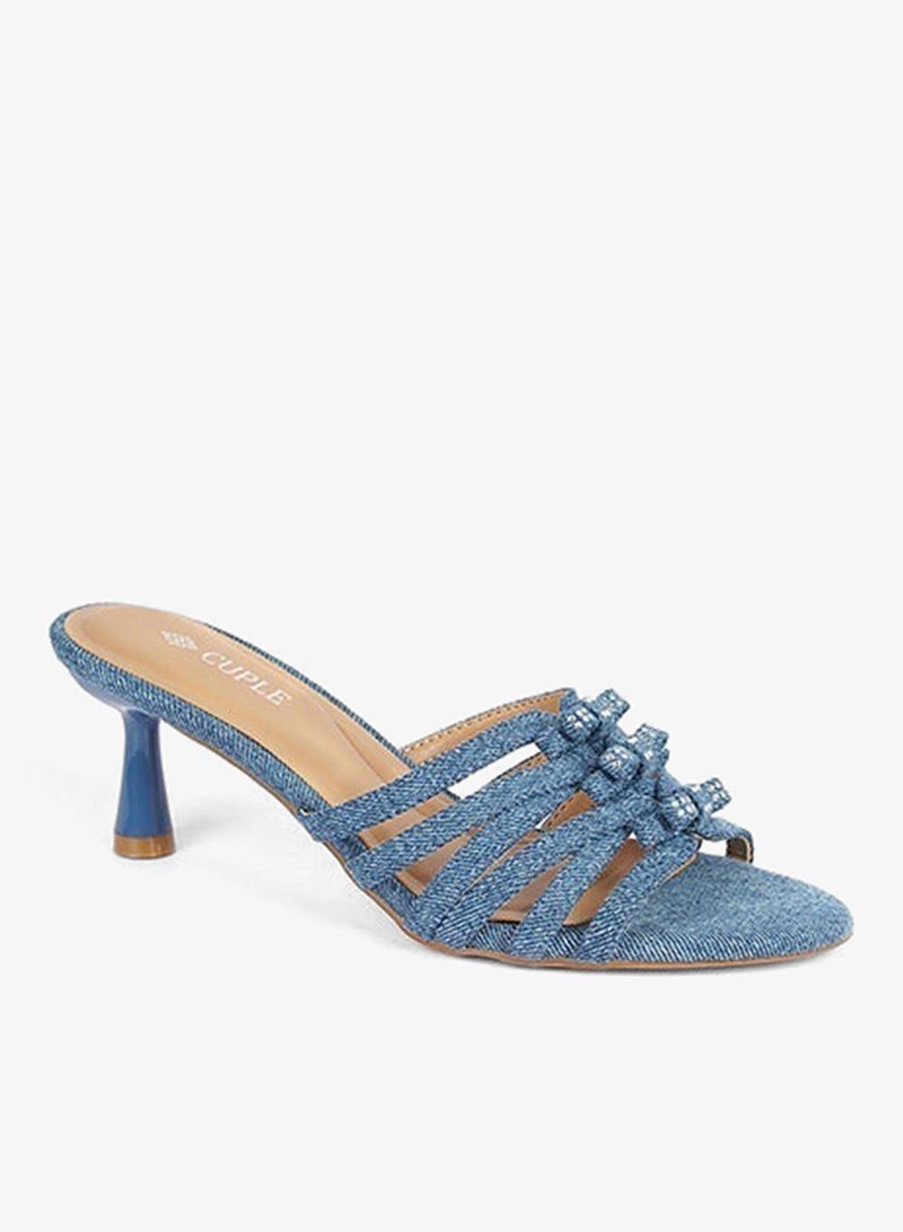 Denim Bow Strap Heeled Sandal - Image 1