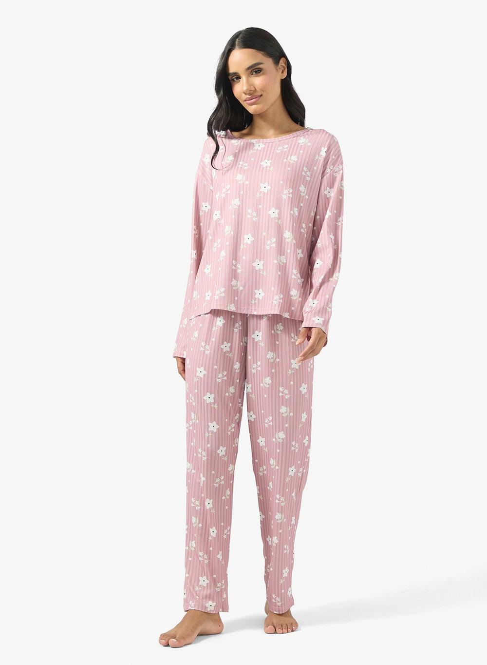 Ribbed Floral Pink Pyjama Set A25N503 - Image 1