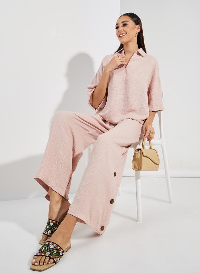 Beige Denim-Style Top & Button Detail Pants Set 7008705302 - Image 1