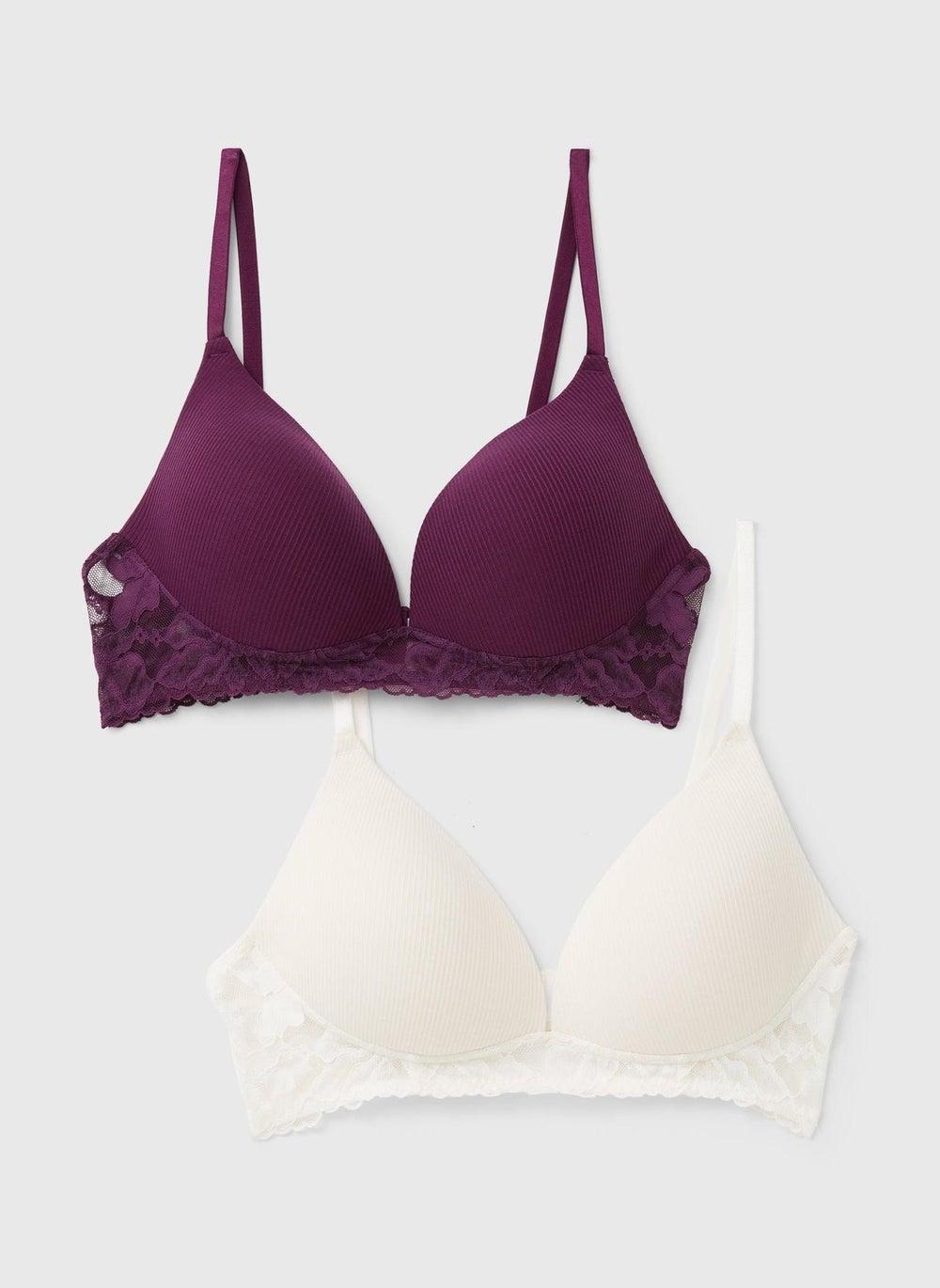 2 Pack Plum & Cream Lace Plunge Bralettes - Image 1
