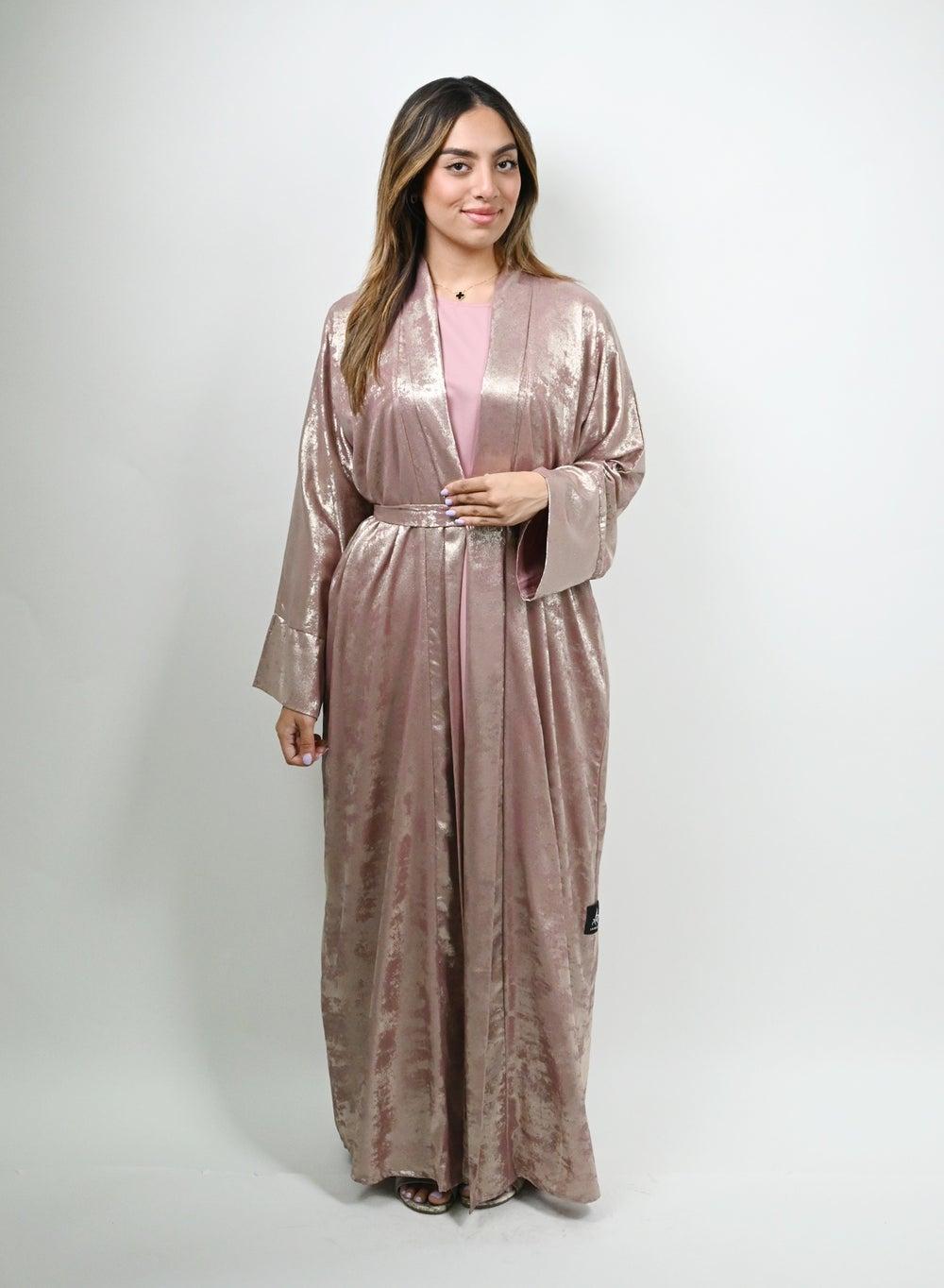 Midnight Glitz Pink Satin Foil Abaya - Image 1