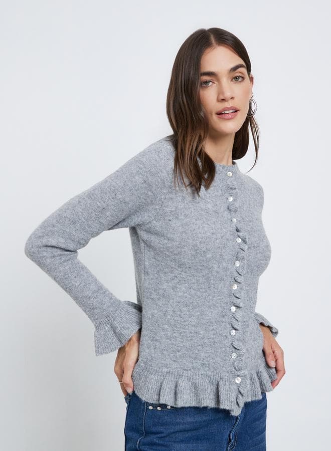 Styli Grey Ruffle Trim Knit Cardigan Regular Fit - Image 1