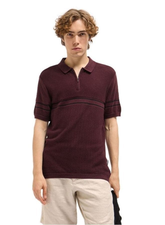 Men’s Maroon Striped Cotton Polo Shirt Classic Fit - Image 1
