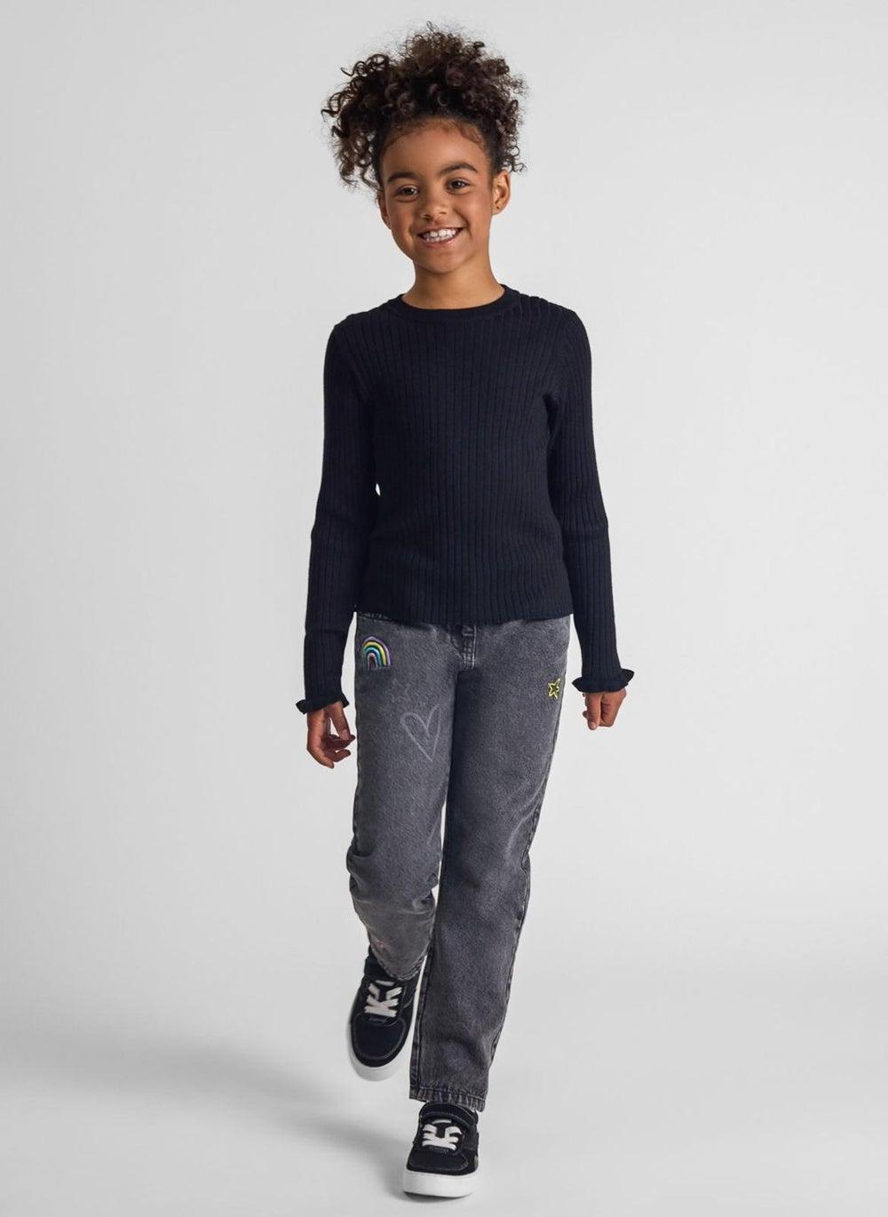 Girls Black Embroidered Elastic Waist Relaxed Jeans - Image 1