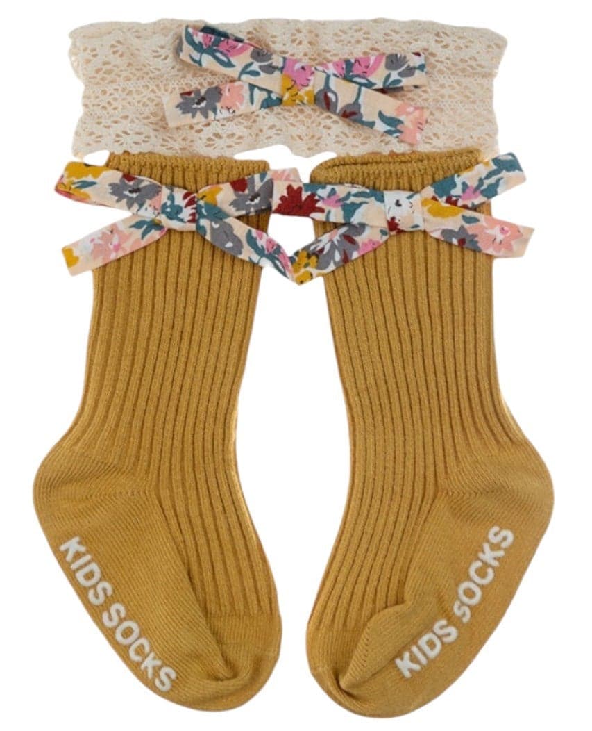 Victoria Baby Ribbon Bow Turban & Socks Set Mustard Yellow - Image 1