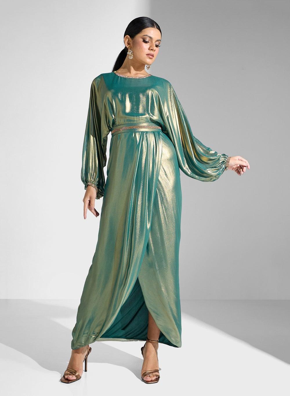 Metallic Teal Silk Wrap Maxi Dress - Image 1
