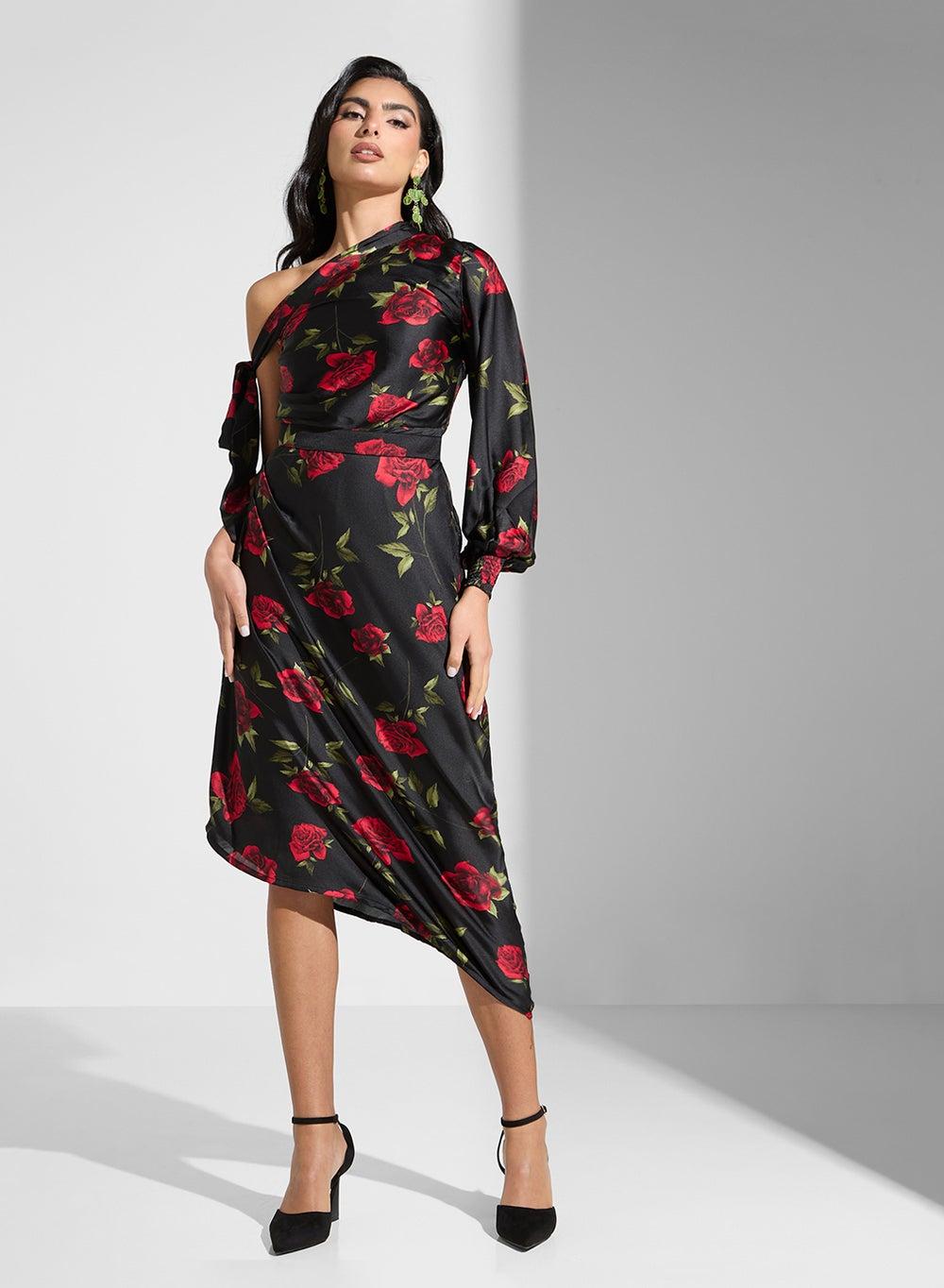 Black Rose One-Shoulder Midi Wrap Dress - Image 1